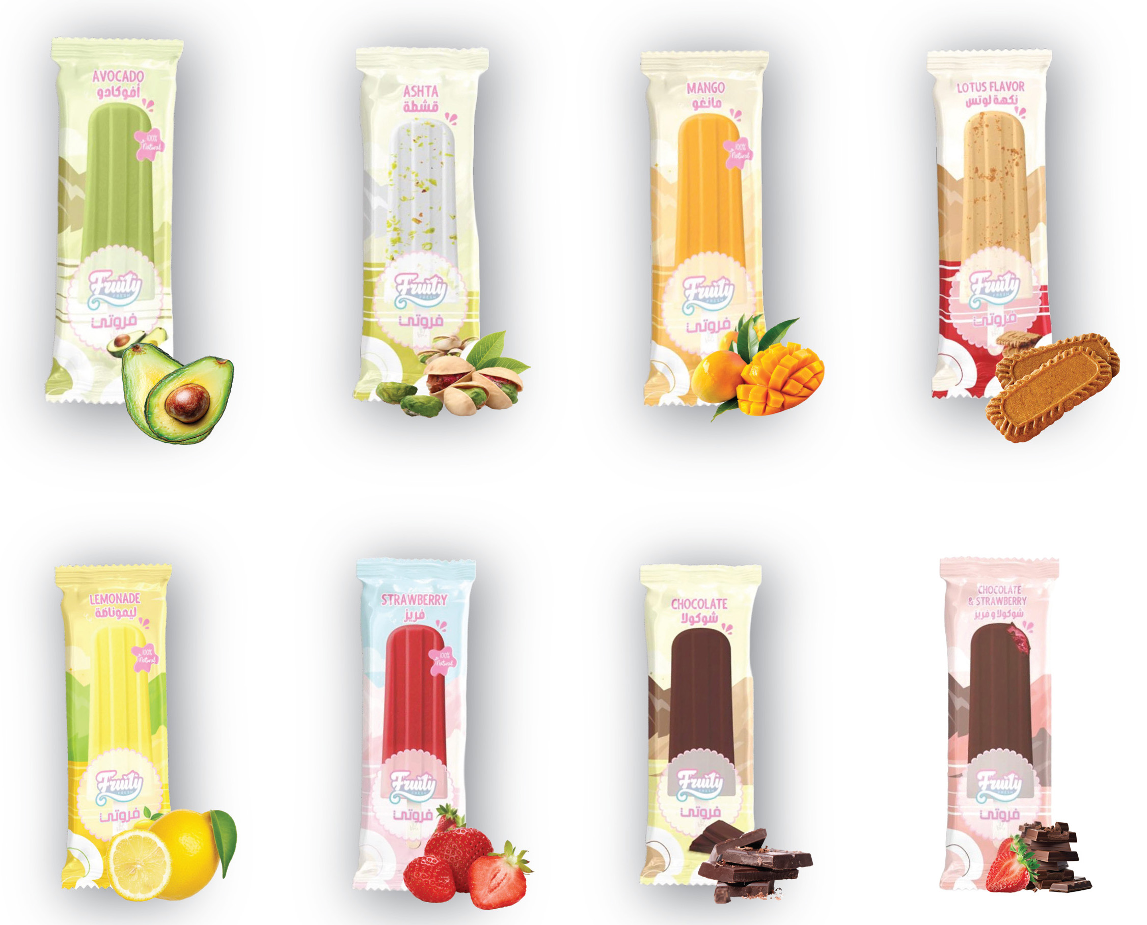 Fruity Fresh product family — Avocado, Ashta, Mango, Lotus, Lemonade, Strawberry, Chocolate, and Chocolate Strawberry popsicles